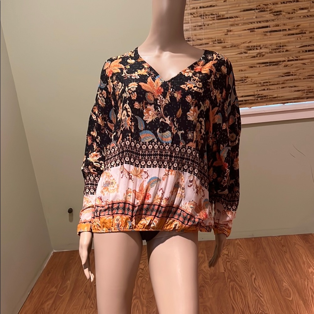 Desigual Multi-colored V-Neck Women's Top Elastic Waist Size L